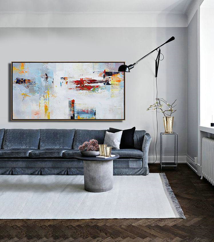 Original Extra Large Wall Art,Horizontal Palette Knife Contemporary Art Panoramic Canvas Painting,Bedroom Wall Decor,Grey,White,Red,Yellow.etc